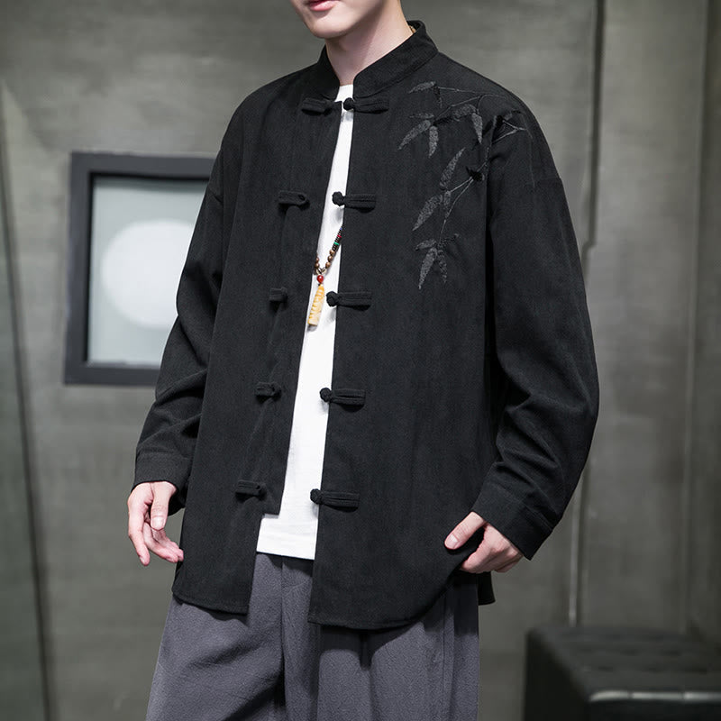 Buddha Stones Spring Chinese Embroidered Bamboo Men's Frog-button Long Sleeve Cotton Corduroy Jacket - Black - US/UK/AU48，EU58(5XL) - image 28