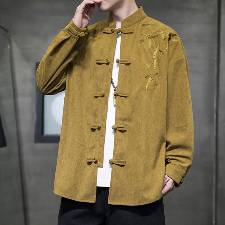 Buddha Stones Spring Chinese Embroiderd Bamboo Men's Frog-button Long Sleeve Cotton Corduroy Jacket - image 8