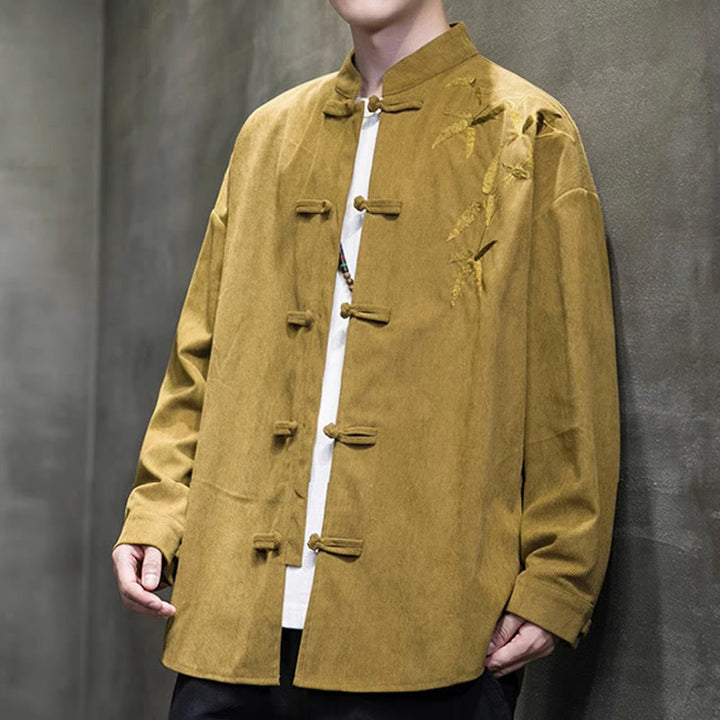 Buddha Stones Spring Chinese Embroiderd Bamboo Men's Frog-button Long Sleeve Cotton Corduroy Jacket - image 13