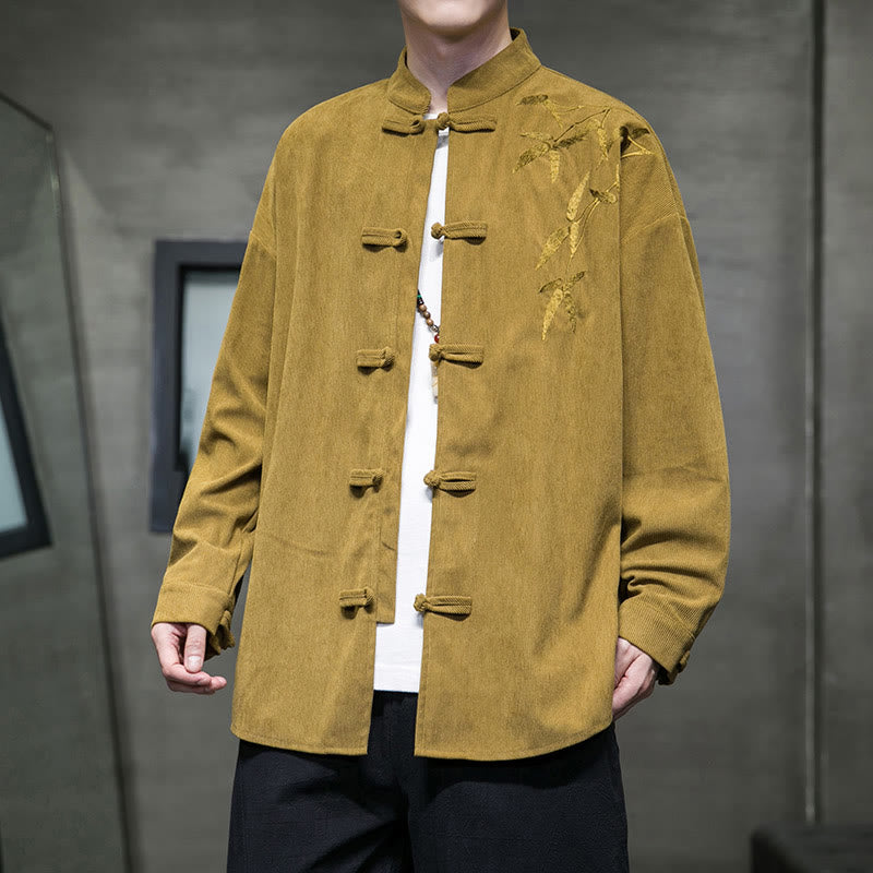 Buddha Stones Spring Chinese Embroiderd Bamboo Men's Frog-button Long Sleeve Cotton Corduroy Jacket - Goldenrod - US/UK/AU48，EU58(5XL) - image 7