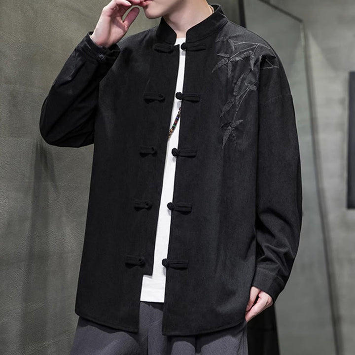 Buddha Stones Spring Chinese Embroidered Bamboo Men's Frog-button Long Sleeve Cotton Corduroy Jacket - image 36