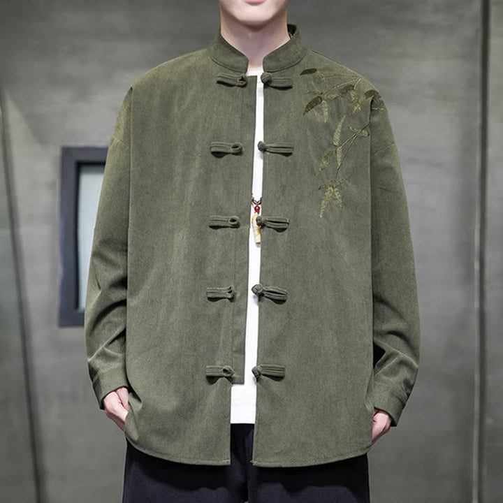 Buddha Stones Spring Chinese Embroiderd Bamboo Men's Frog-button Long Sleeve Cotton Corduroy Jacket - OliveDrab - US/UK/AU48，EU58(5XL) - image 0
