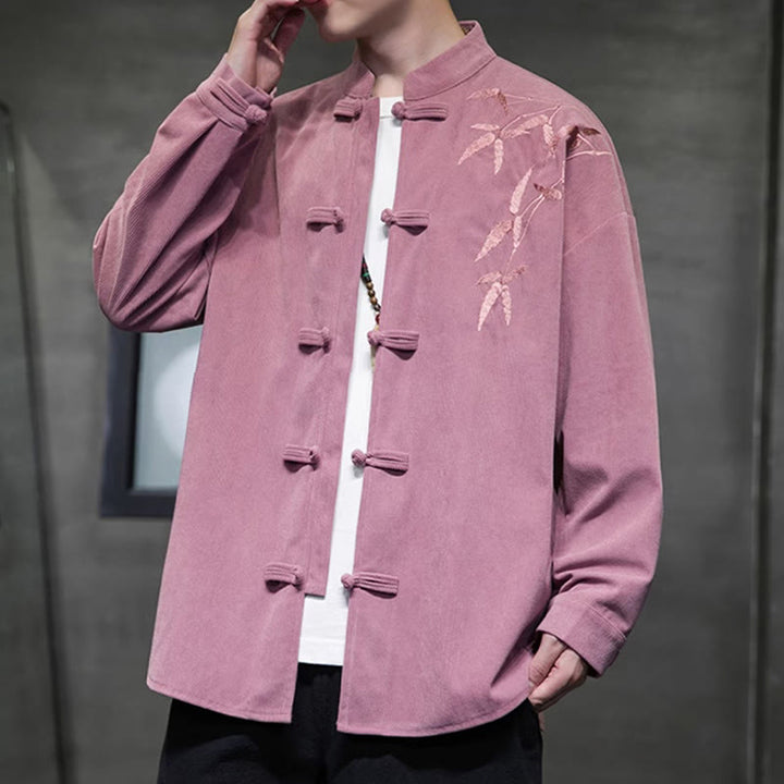 Buddha Stones Spring Chinese Embroidered Bamboo Men's Frog-button Long Sleeve Cotton Corduroy Jacket - image 21