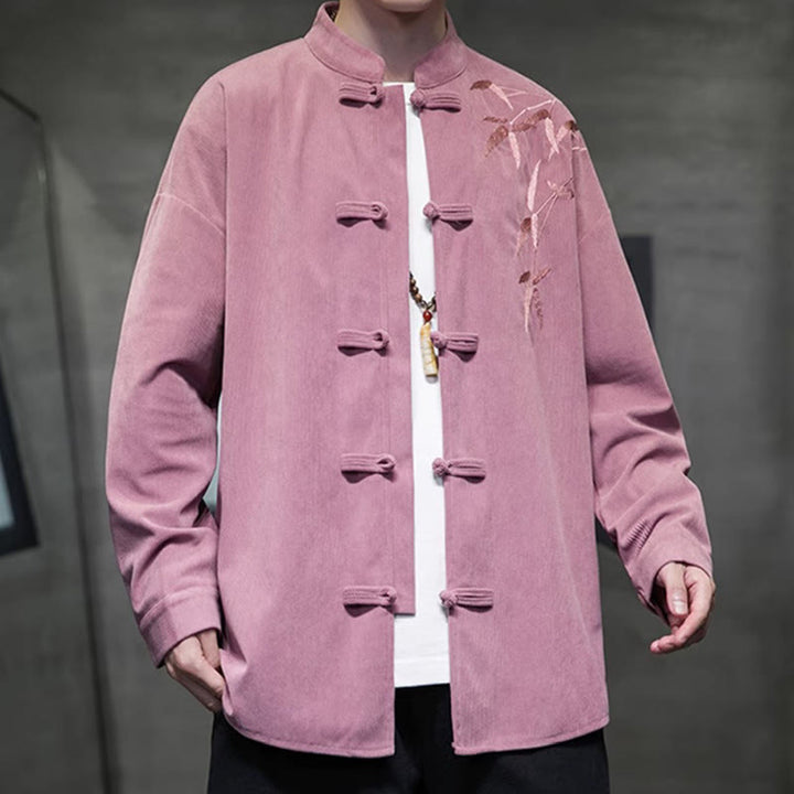 Buddha Stones Spring Chinese Embroidered Bamboo Men's Frog-button Long Sleeve Cotton Corduroy Jacket - image 20