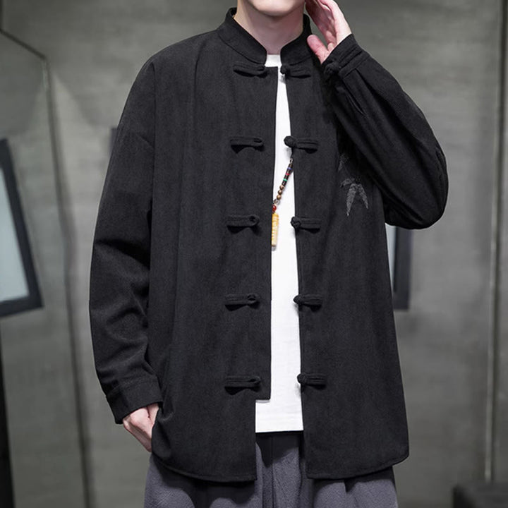 Buddha Stones Spring Chinese Embroidered Bamboo Men's Frog-button Long Sleeve Cotton Corduroy Jacket - image 33