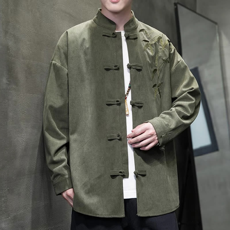 Buddha Stones Spring Chinese Embroidered Bamboo Men's Frog-button Long Sleeve Cotton Corduroy Jacket - image 5