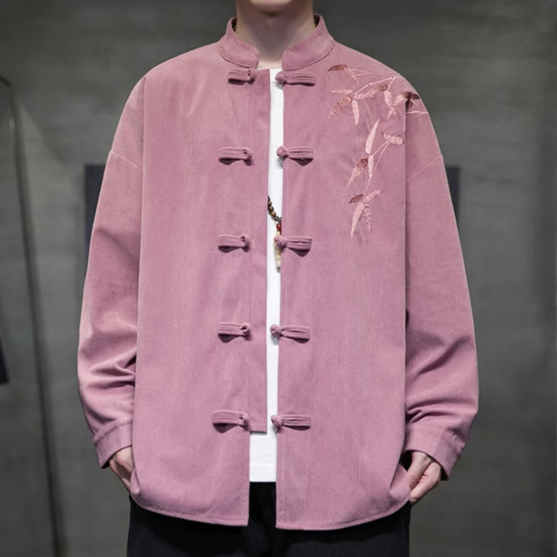 Buddha Stones Spring Chinese Embroidered Bamboo Men's Frog-button Long Sleeve Cotton Corduroy Jacket - image 19
