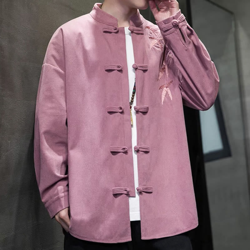 Buddha Stones Spring Chinese Embroidered Bamboo Men's Frog-button Long Sleeve Cotton Corduroy Jacket - image 22