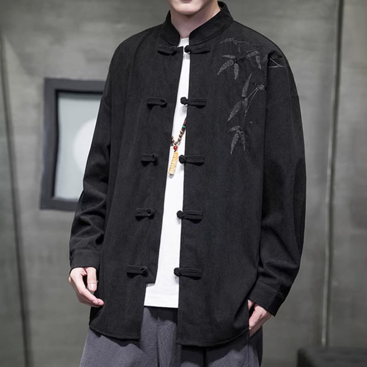 Buddha Stones Spring Chinese Embroidered Bamboo Men's Frog-button Long Sleeve Cotton Corduroy Jacket - image 29