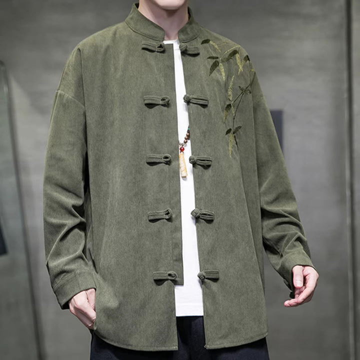 Buddha Stones Spring Chinese Embroidered Bamboo Men's Frog-button Long Sleeve Cotton Corduroy Jacket - image 2