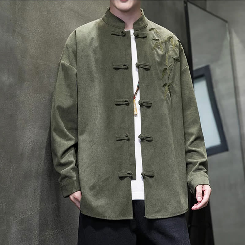 Buddha Stones Spring Chinese Embroidered Bamboo Men's Frog-button Long Sleeve Cotton Corduroy Jacket - image 4