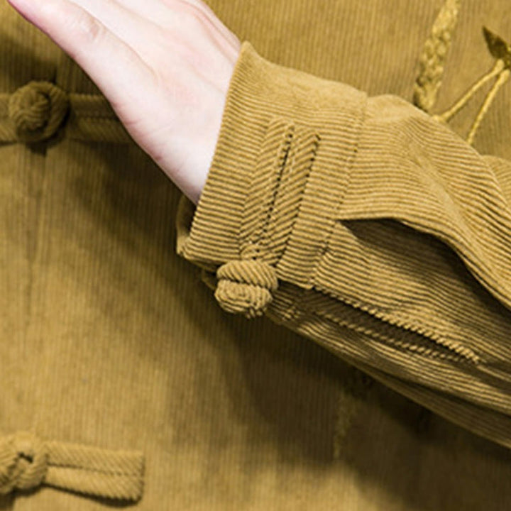 Buddha Stones Spring Chinese Embroidered Bamboo Men's Frog-button Long Sleeve Cotton Corduroy Jacket - image 17