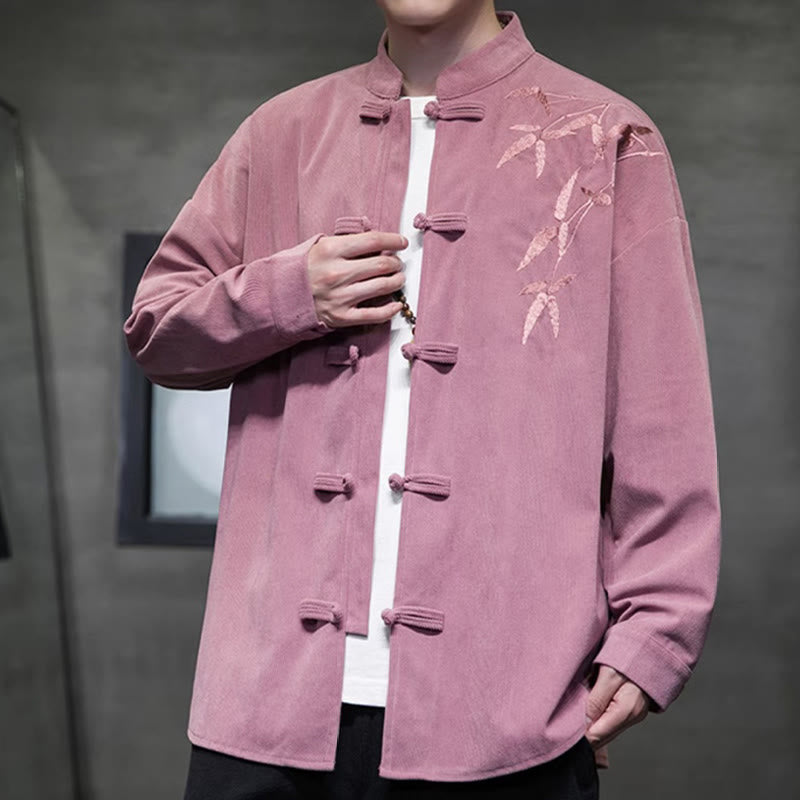 Buddha Stones Spring Chinese Embroiderd Bamboo Men's Frog-button Long Sleeve Cotton Corduroy Jacket - image 23