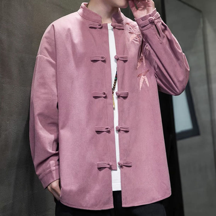 Buddha Stones Spring Chinese Embroiderd Bamboo Men's Frog-button Long Sleeve Cotton Corduroy Jacket - image 22