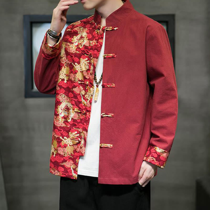 Buddha Stones Printed Color Contrast Dragon Pattern Frog-button Long Sleeve Men's Cotton Jacket - image 4