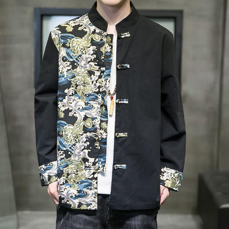 Buddha Stones Printed Color Contrast Dragon Pattern Frog-button Long Sleeve Men's Cotton Jacket - image 11
