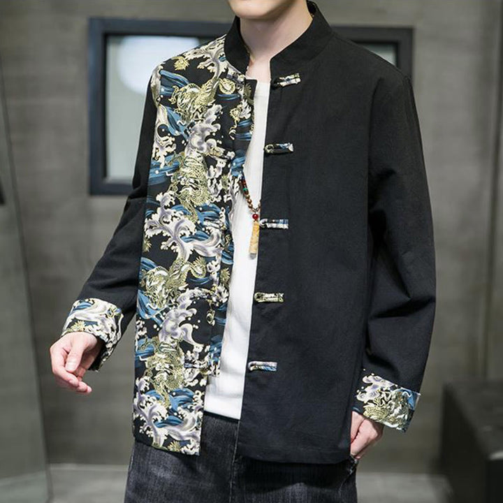 Buddha Stones Printed Color Contrast Dragon Pattern Frog-button Long Sleeve Men's Cotton Jacket - image 12