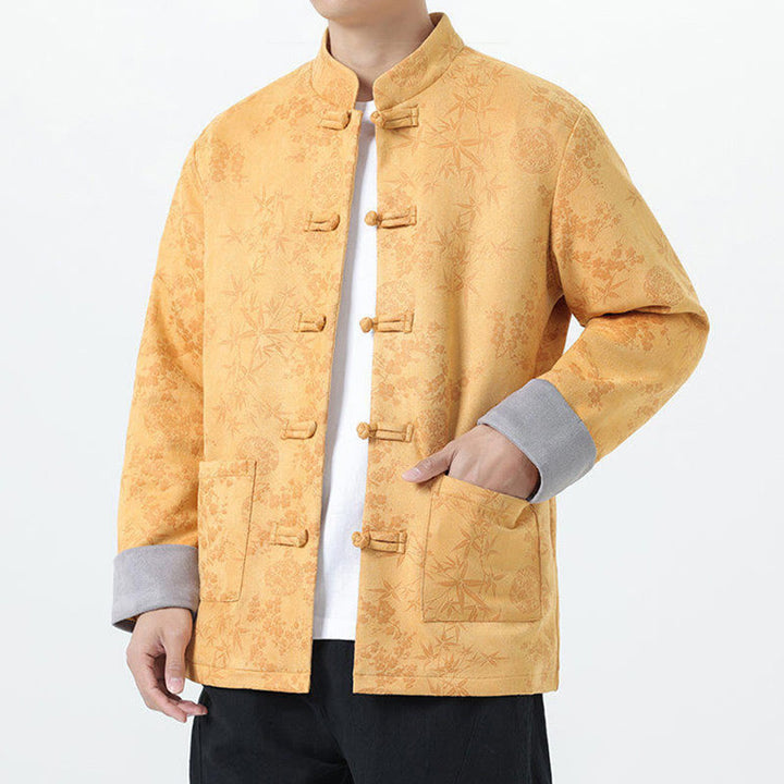 Buddha Stones Fall Jacquard Bamboo Frog-button Long Sleeve Men's Cotton Jacket With Pockets - image 3