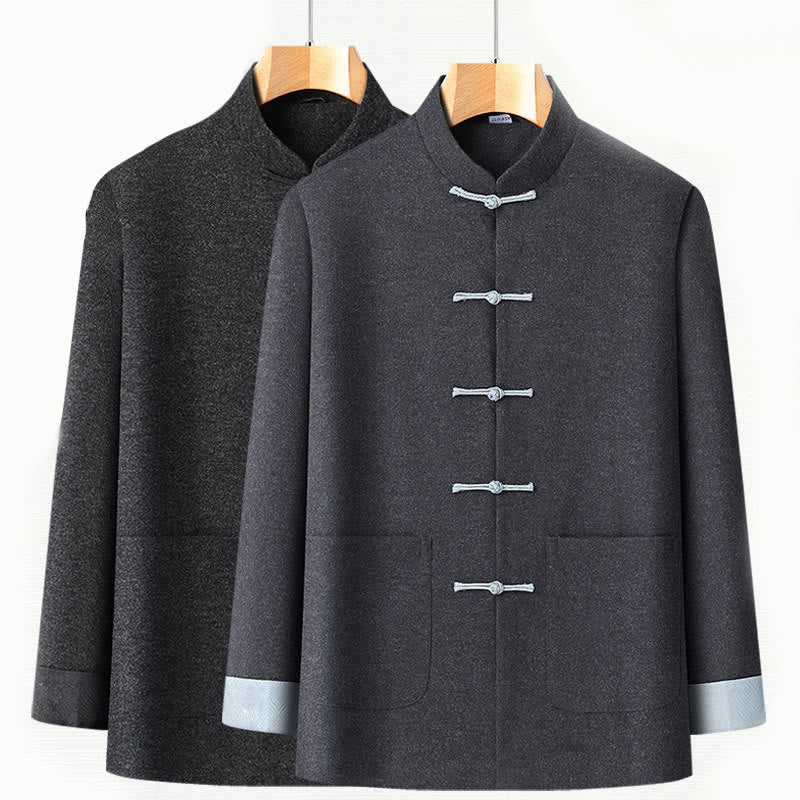 Buddha Stones Men's Fall Pure Color Frog-button Long Sleeve Cotton Tang Suit Jacket With Pockets - image 3