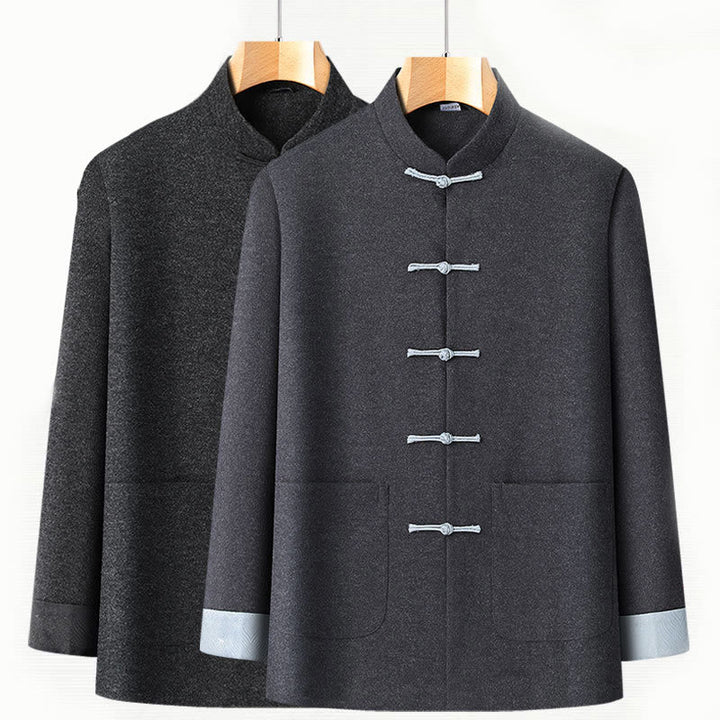 Buddha Stones Men's Fall Pure Color Frog-button Long Sleeve Cotton Tang Suit Jacket With Pockets - image 3