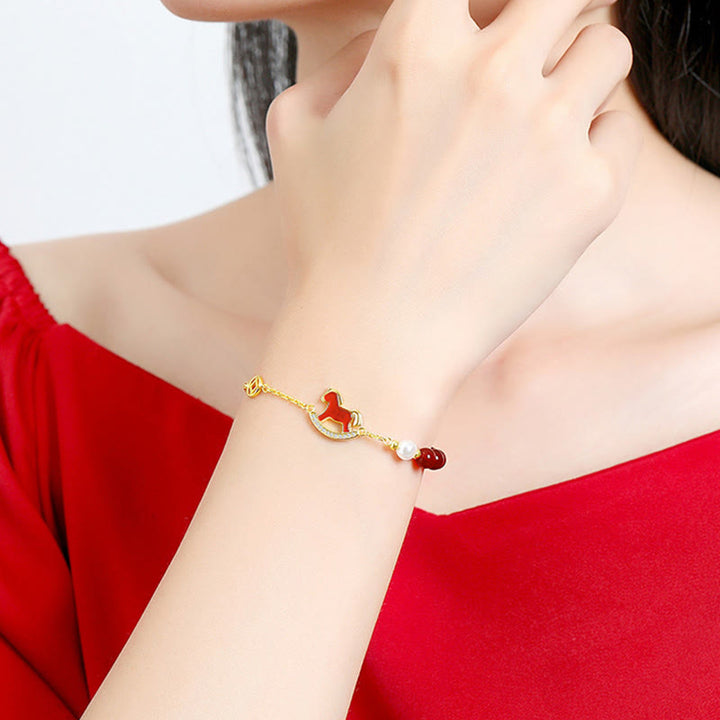 Buddha Stones 925 Sterling Silver Year Of The Horse Charm Red Agate Calm Chain Bracelet - image 4