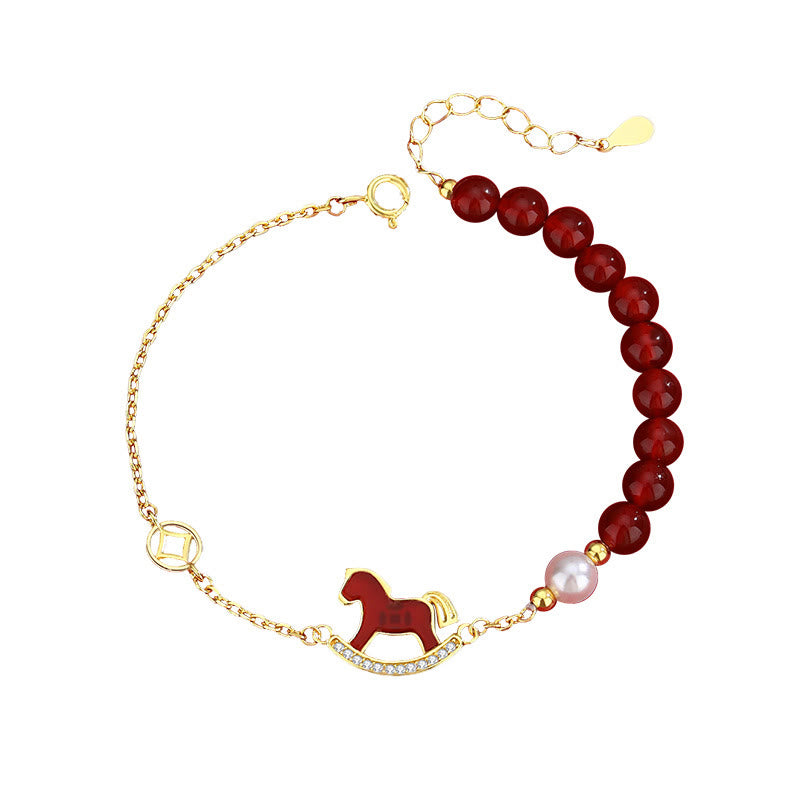 Buddha Stones 925 Sterling Silver Year Of The Horse Charm Red Agate Calm Chain Bracelet - image 3