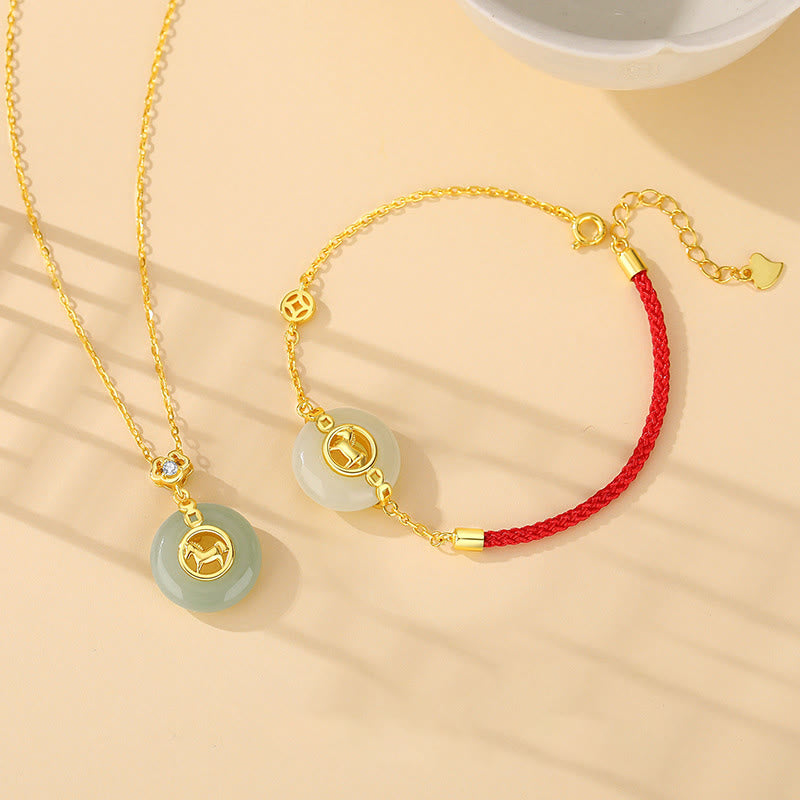 Buddha Stones 925 Sterling Silver Hetian Jade Year Of The Horse Peace Buckle Luck Necklace Pendant - image 16