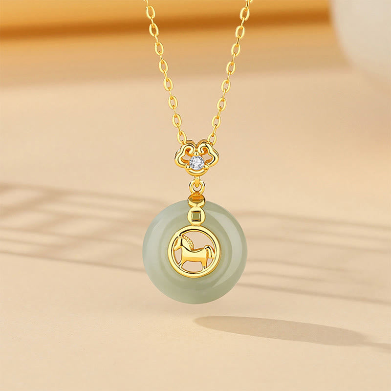 Buddha Stones 925 Sterling Silver Hetian Jade Year Of The Horse Peace Buckle Luck Necklace Pendant - Horse Necklace - image 0
