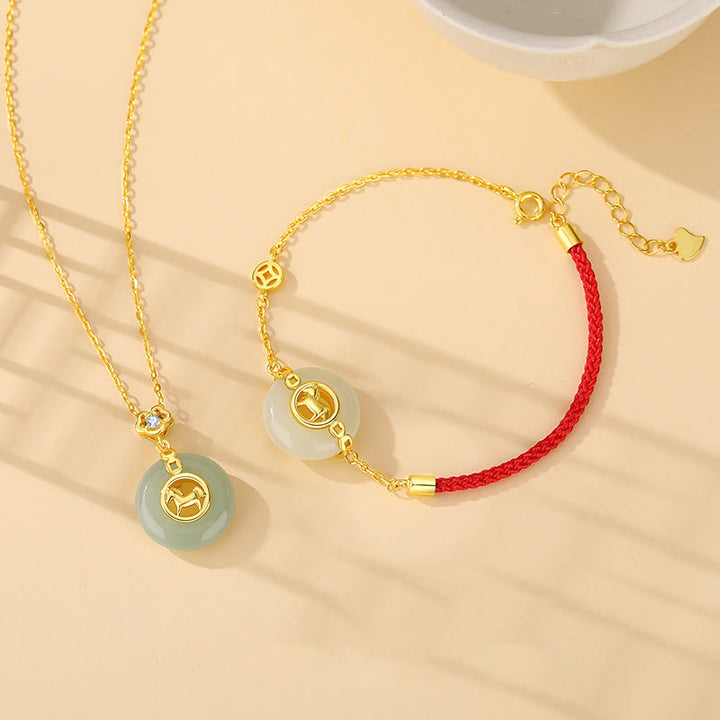 Buddha Stones 925 Sterling Silver Hetian Jade Peace Buckle Year Of The Horse Red String Bracelet - image 17