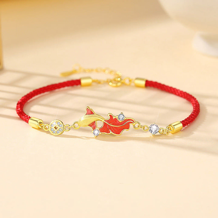 Buddha Stones 925 Sterling Silver Koi Fish Design Red String Blessing Bracelet - image 0