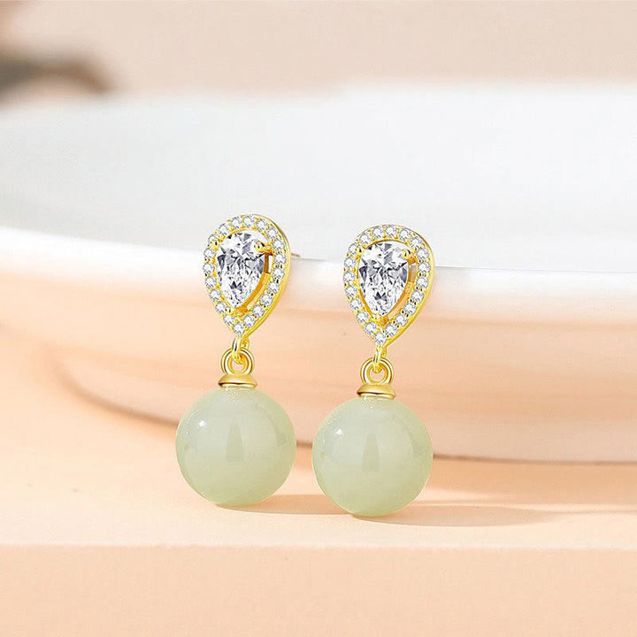Buddha Stones 925 Sterling Silver Waterdrop Design Hetian Jade Bead Prosperity Earrings - image 3