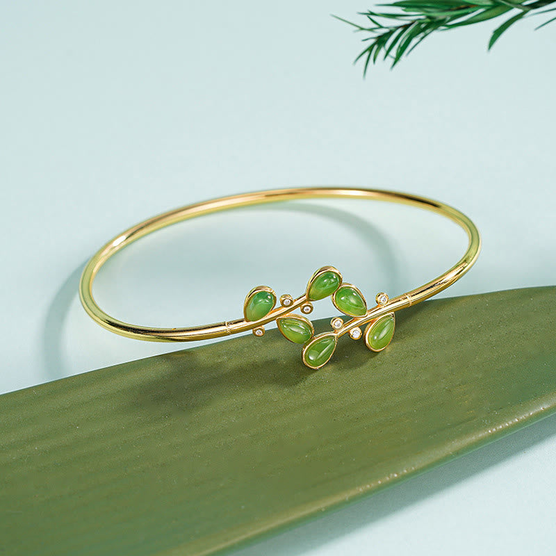Buddha Stones 925 Sterling Silver Leaves Engraved Green Jasper Protection Bracelet Bangle - 925 Sterling Silver Bangle - image 1