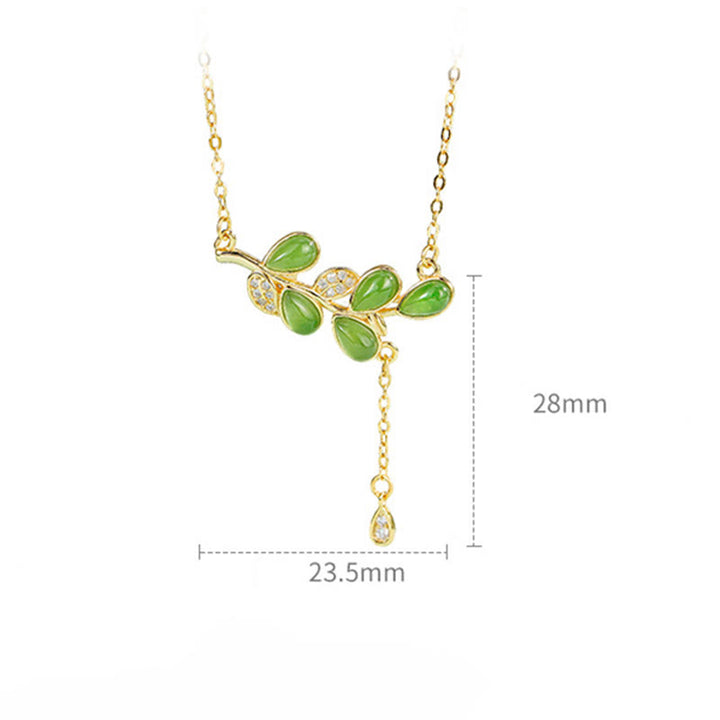 Buddha Stones 925 Sterling Silver Leaves Tassel Design Green Jasper Protection Necklace Pandant - image 4
