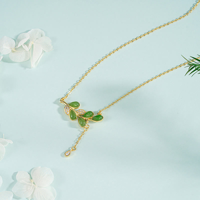 Buddha Stones 925 Sterling Silver Leaves Tassel Design Green Jasper Protection Necklace Pandant - 925 Sterling Silver Necklace - image 1