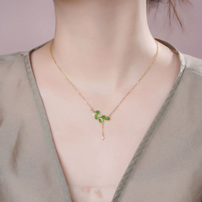 Buddha Stones 925 Sterling Silver Leaves Tassel Design Green Jasper Protection Necklace Pandant - image 6