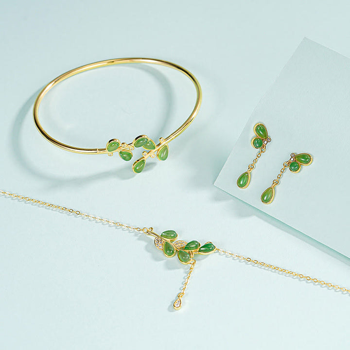 Buddha Stones 925 Sterling Silver Leaves Tassel Design Green Jasper Protection Necklace Pandant - image 20