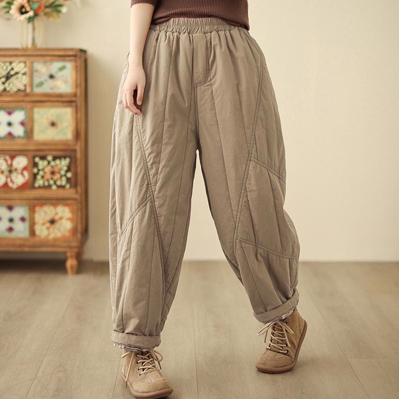 Buddha Stones Winter Plain High Waist Cotton Women's Harem Thermal Elastic Waist Pants With Pockets - image 2