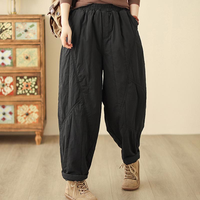 Buddha Stones Winter Plain High Waist Cotton Women's Harem Thermal Elastic Waist Pants With Pockets - image 6