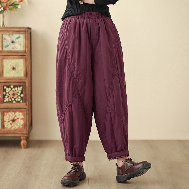 Buddha Stones Winter Plain High Waist Cotton Women's Harem Thermal Elastic Waist Pants With Pockets - DarkMagenta - US8-10，UK/AU12-14，EU40-42 (2XL) - image 21