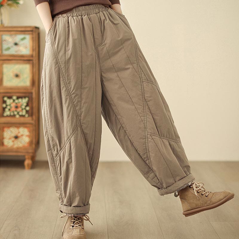 Buddha Stones Winter Plain High Waist Cotton Women's Harem Thermal Elastic Waist Pants With Pockets - image 4