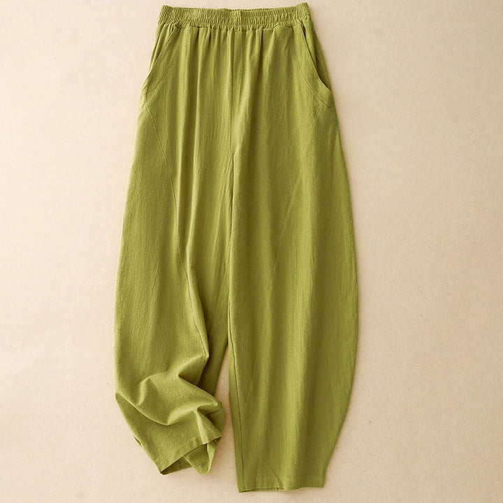 Buddha Stones Fall Solid Color Patchwork Simple Design Women's Wide Leg Pants With Pockets - YellowGreen - US8-10，UK/AU12-14，EU40-42 (2XL) - image 7