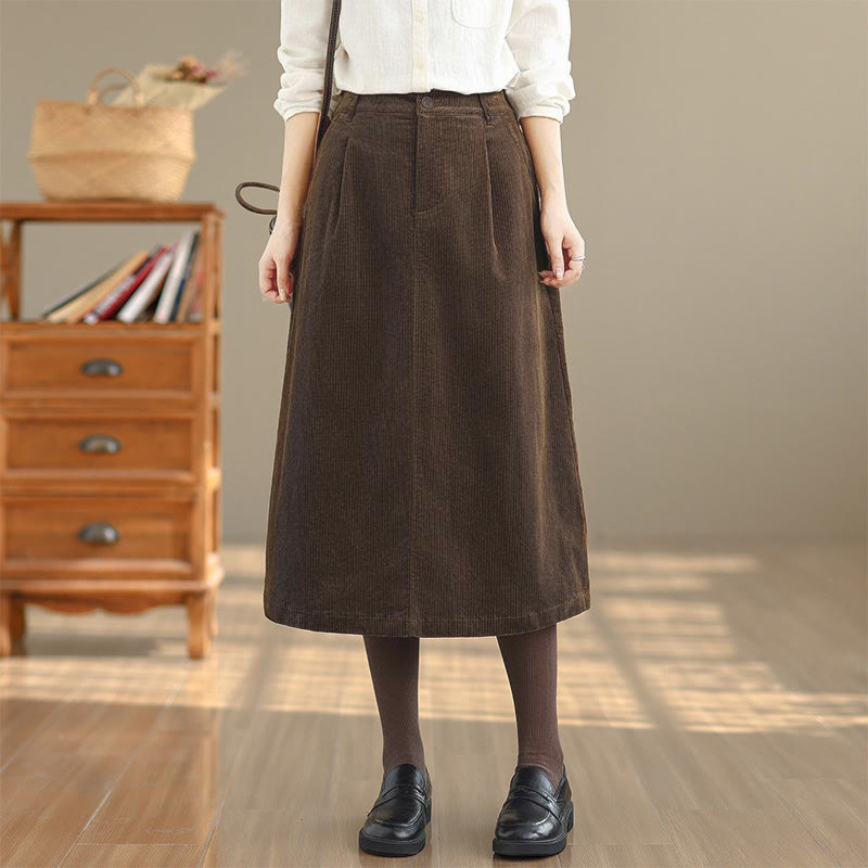 Buddha Stones Pure Color Elastic Waist Women's 7-8 Length Corduroy Skirt With Pockets - SaddleBrown - US8-10，UK/AU12-14，EU40-42 (2XL) - image 1