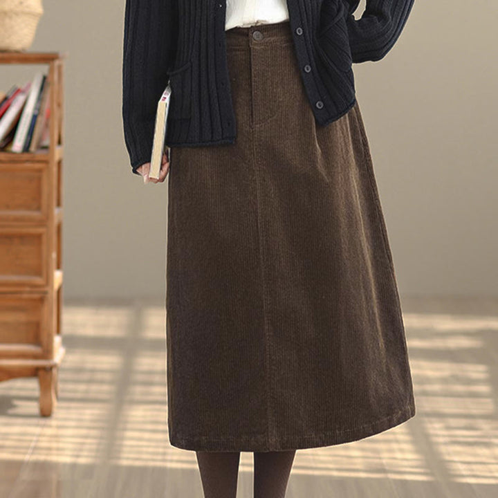 Buddha Stones Pure Color Elastic Waist Women's 7-8 Length Corduroy Skirt With Pockets - image 4