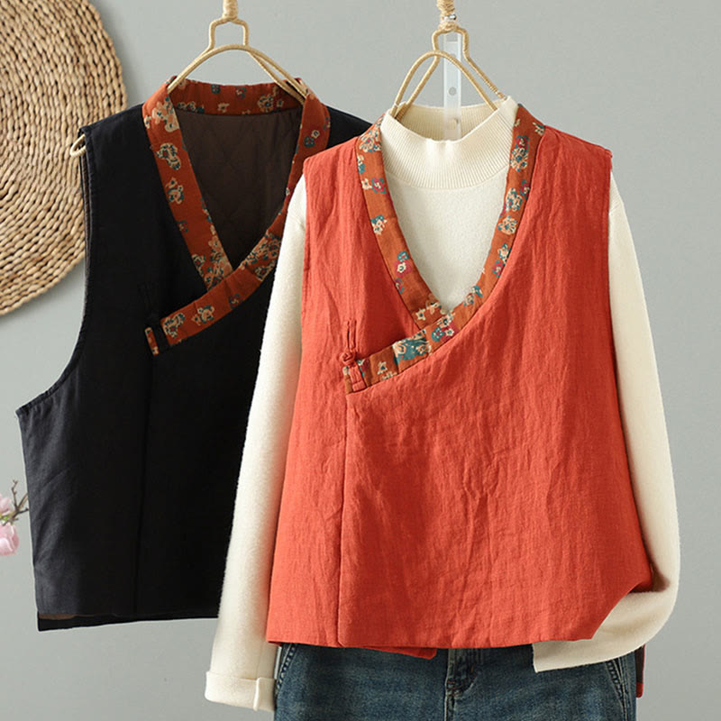 Buddha Stones Flower Pattern V-Neck Frog-Button Women's Sleeveless Vest Waistcoat - image 1