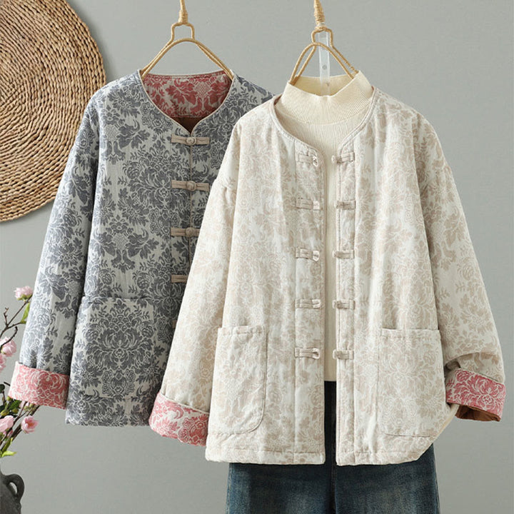 Buddha Stones Women's Peony Flowers Frog-Button Design Long Sleeve Thermal Jacket With Pockets - image 27