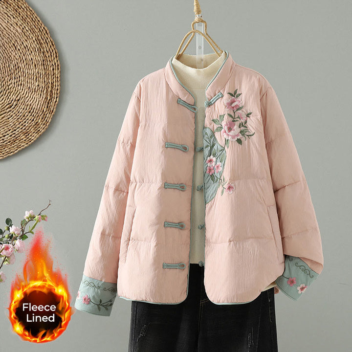 Buddha Stones Peach Blossom Embroidery Frog-Button Long Sleeve Thermal Women's Jacket With Pockets - Pink - US8-10，UK/AU12-14，EU40-42 (2XL) - image 1