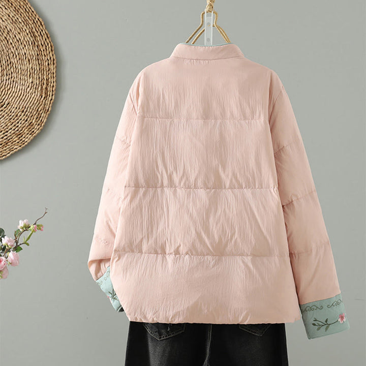 Buddha Stones Peach Blossom Embroidery Frog-Button Long Sleeve Thermal Women's Jacket With Pockets - image 2