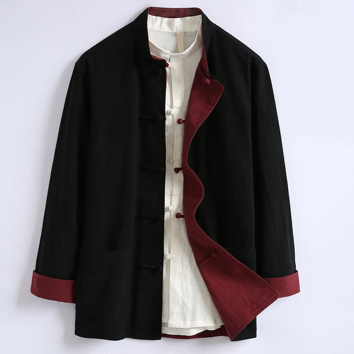 Buddha Stones Spring Chinese Reversible Men's Frog-Button Cotton Long Sleeve Jacket - Black - US/UK/AU46，EU56 (5XL) - image 3