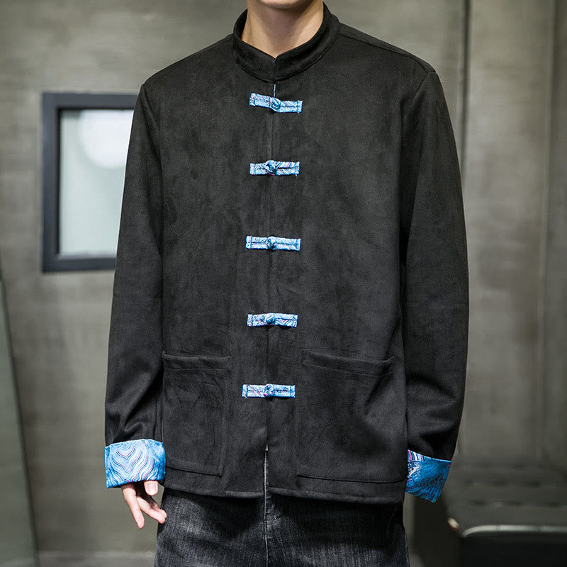 Buddha Stones Fall Waves Frog-Button Long Sleeve Men's Suede Cotton Jacket With Pockets - Black - US/UK/AU42，EU52 (3XL) - image 14