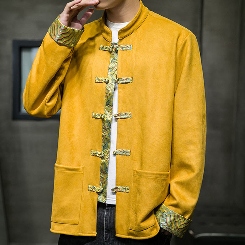 Buddha Stones Fall Waves Frog-Button Long Sleeve Men's Suede Cotton Jacket With Pockets - image 8